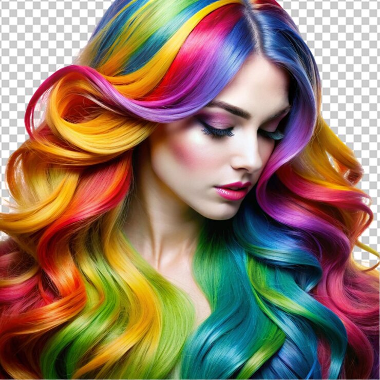PSD una chica con cabello arco iris está de pie frente a una pared