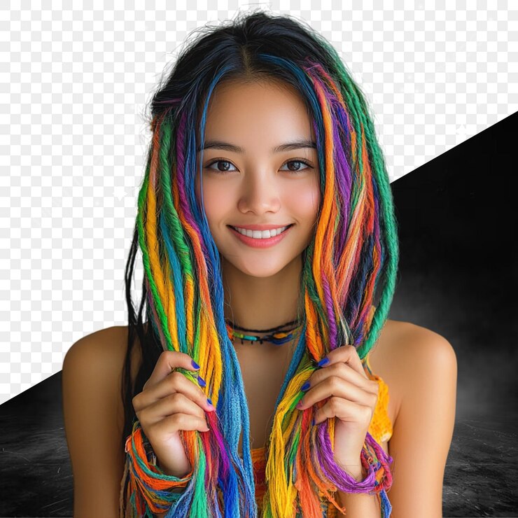 PSD una chica con cabello de arco iris tiene cabello de color arco iris