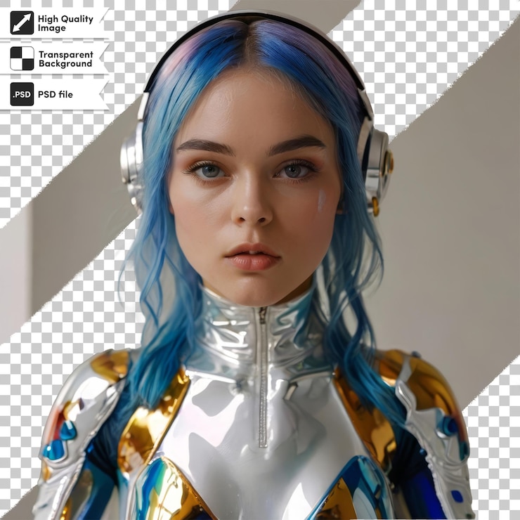 PSD una chica de cabello azul con auriculares y un ratón de computadora