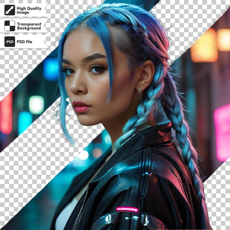 PSD una chica con cabello azul y una chaqueta negra con un cabello trenzado azul