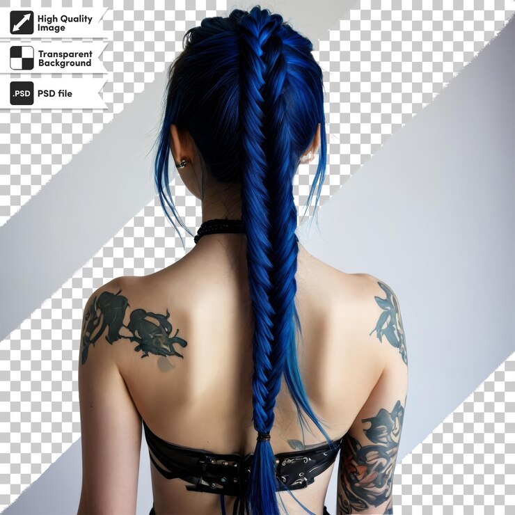 PSD una chica con cabello azul y un tatuaje en la espalda