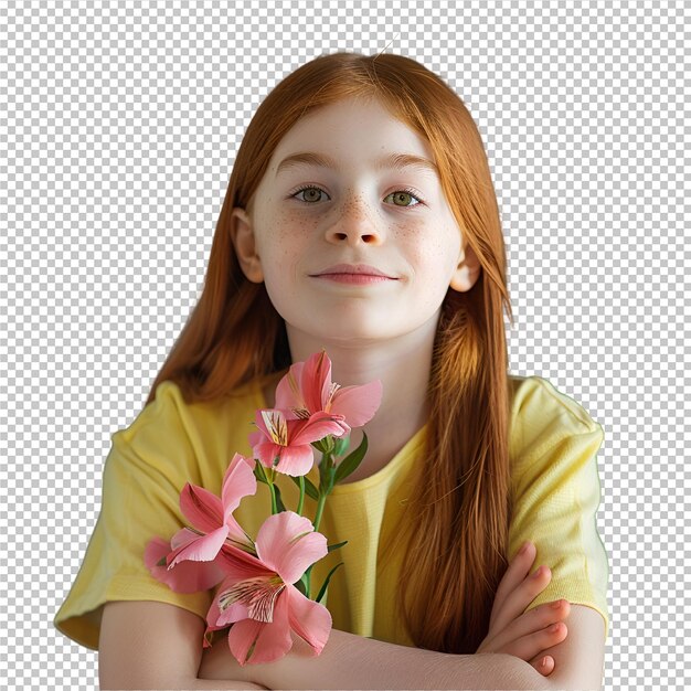 PSD una chica de cabello rojo y una camisa amarilla con una flor en la mano