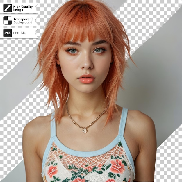 una chica de cabello rojo y una camiseta con flores que dice la palabra cita