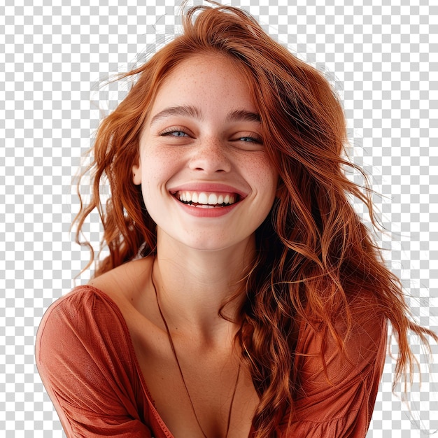 PSD una chica de cabello rojo sonríe y sonríe