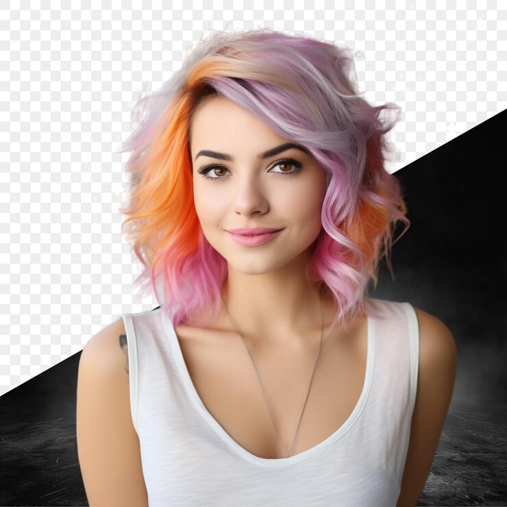 PSD una chica con cabello rosa y naranja y una camisa blanca con fondo negro