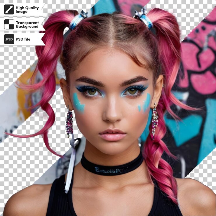 PSD una chica con cabello rosa y una tapa negra con una sombra de ojos azul en la parte inferior
