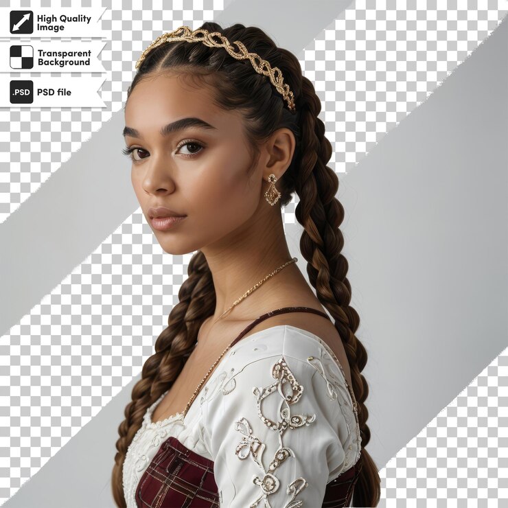 PSD una chica con el cabello trenzado usando un vestido blanco con una trenza trenzada