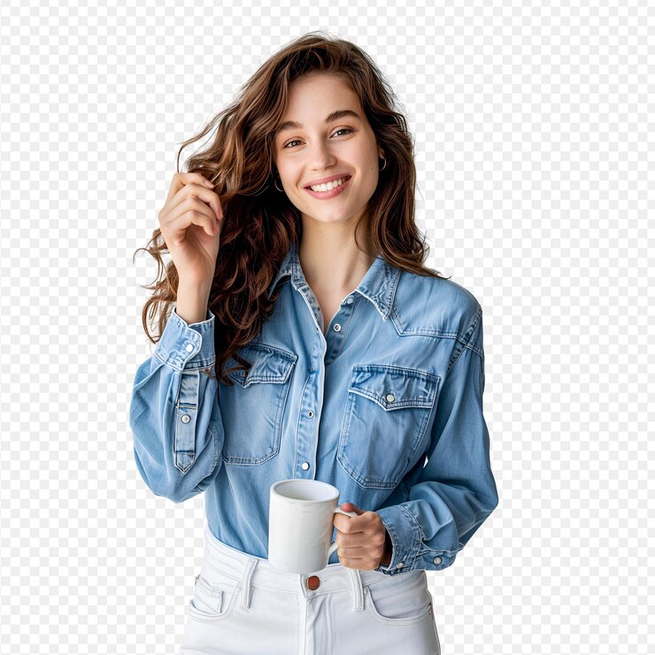 una chica con una camisa azul y una taza de café