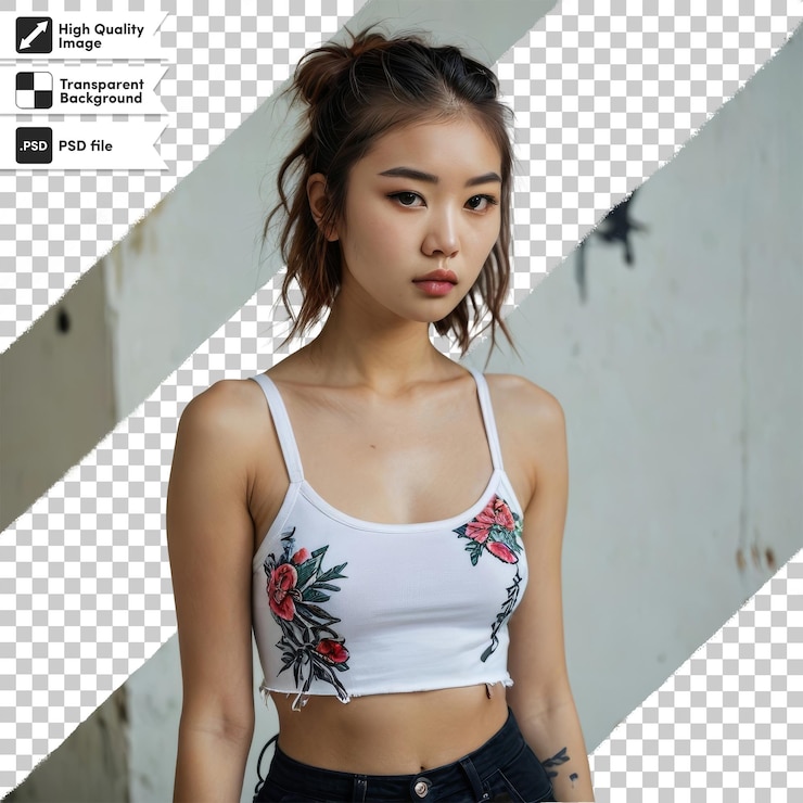 PSD una chica en una camiseta blanca con una flor en ella