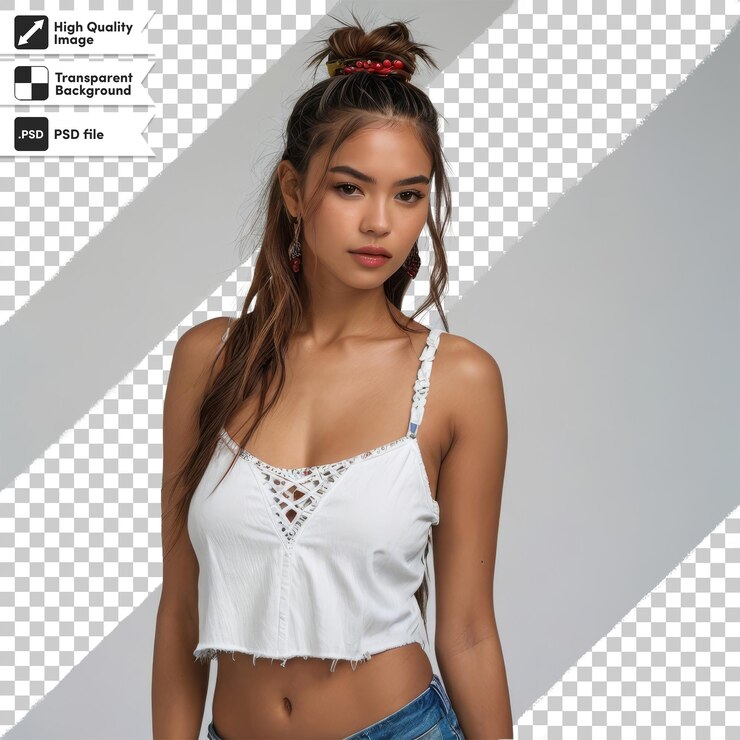 PSD una chica con una camiseta blanca que dice "tp" en ella