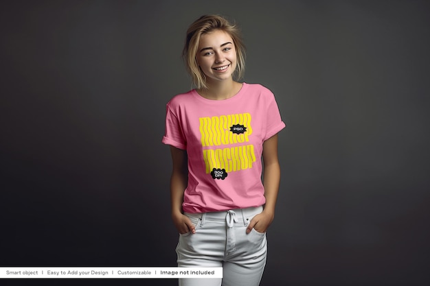 PSD una chica con una camiseta rosa que dice 