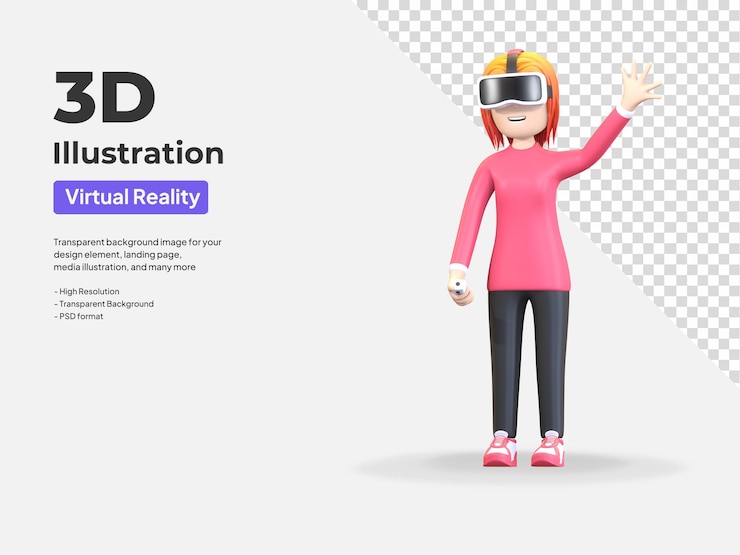 PSD chica con casco de realidad virtual y agitando la mano ilustración 3d render