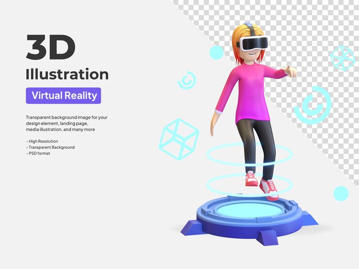 PSD chica con casco de realidad virtual e interacción en metaverso ilustración 3d render