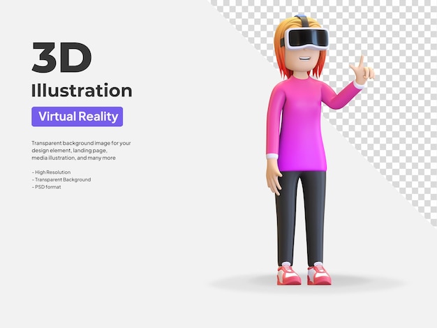 Chica con casco de realidad virtual e interacción en metaverso ilustración 3d render