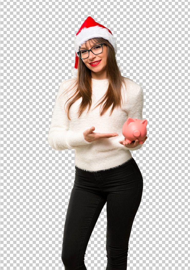 PSD chica celebrando las fiestas navideñas sosteniendo una gran alcancía
