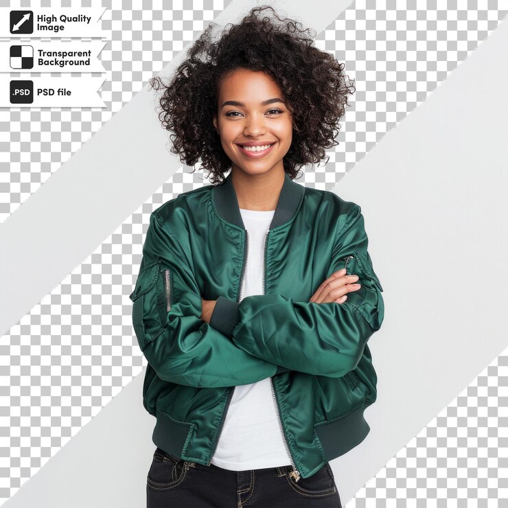 PSD una chica con una chaqueta verde con la palabra "te quiero" en ella