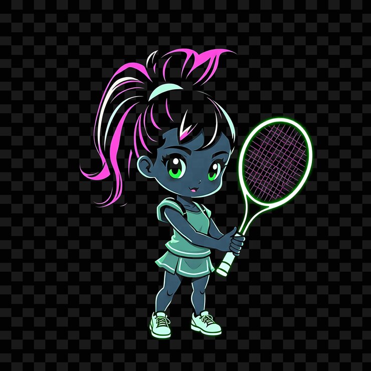 PSD chica chibi deportiva con un traje de tenis de cola de caballo brillante raqueta de tenis de neón de color verde neón