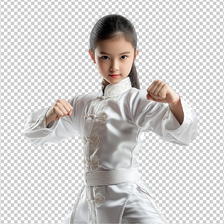 PSD una chica china en un uniforme de artes marciales en blanco aislado en un fondo transparente
