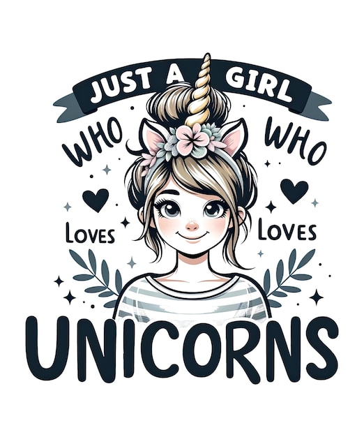 PSD chica con cinta de cuerno de unicornio amor por los unicornios sólo una chica que ama a los unicornios