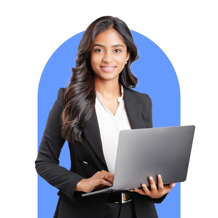 PSD una chica con una computadora portátil en fondo aislado png eliminado
