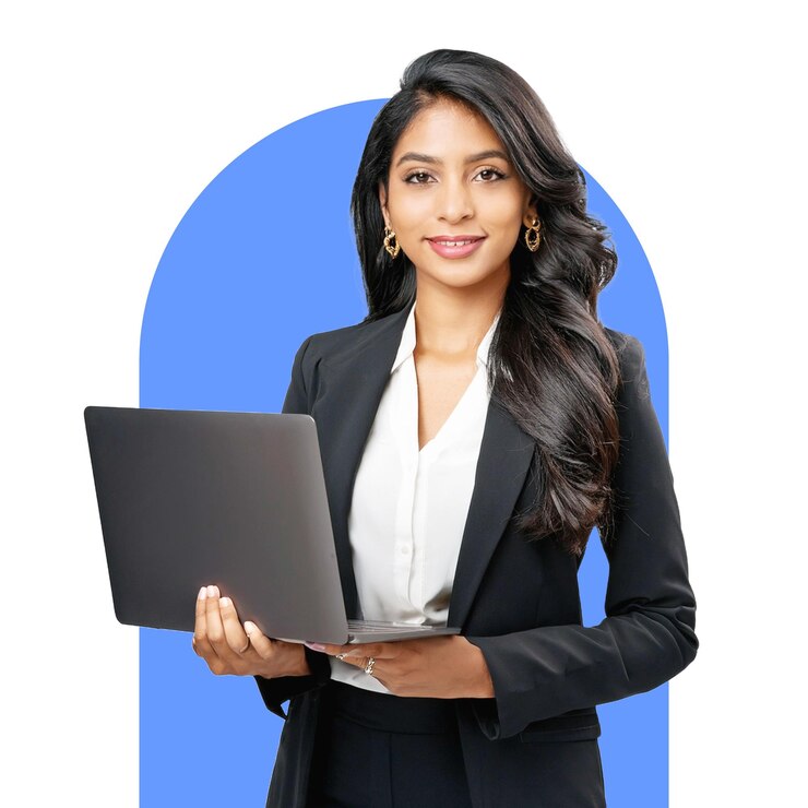 PSD una chica con una computadora portátil en fondo aislado png eliminado