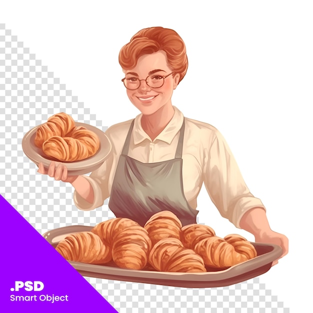 Chica de dibujos animados con una bandeja con croissants plantilla psd de ilustración vectorial