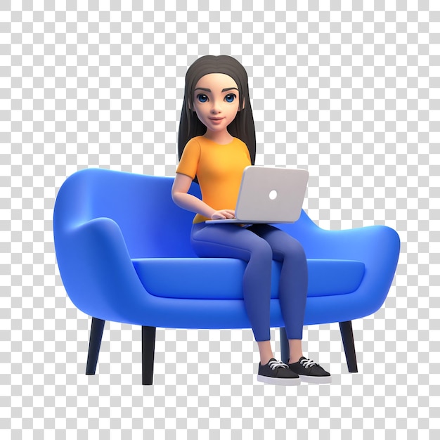 Una chica de dibujos animados está descansando o trabajando en un sofá azul con una computadora portátil en sus manos sobre un fondo blanco 3D