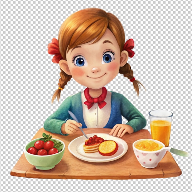 PSD chica de dibujos animados haciendo desayuno en un fondo transparente