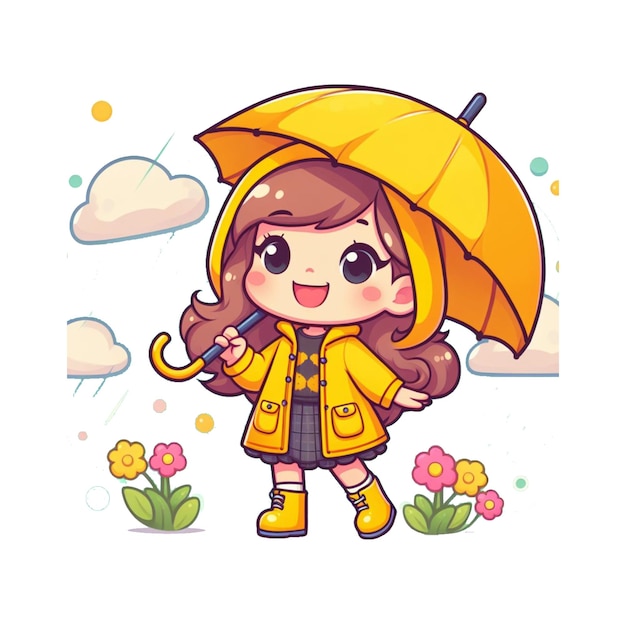 Chica de dibujos animados con un paraguas imagen de icono vectorial