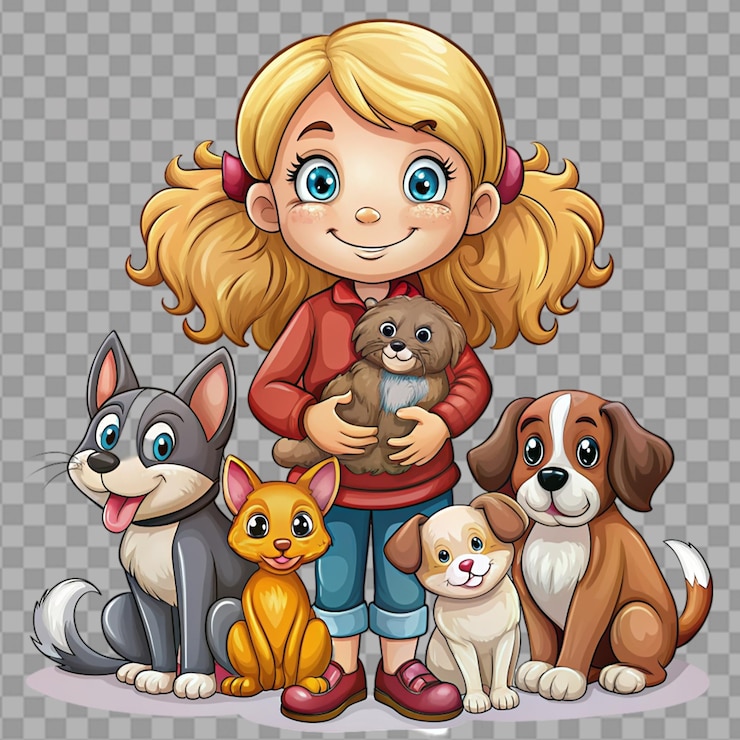PSD chica de dibujos animados con sus mascotas en un fondo transparente
