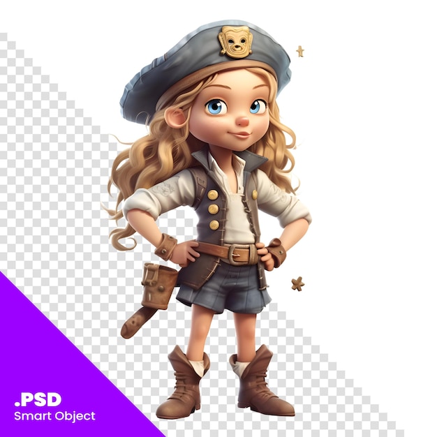 PSD chica disfrazada de pirata sobre fondo blanco. plantilla psd de renderizado 3d