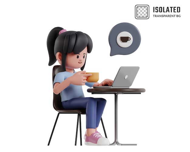 Chica disfrutando del café mientras trabaja en la computadora portátil