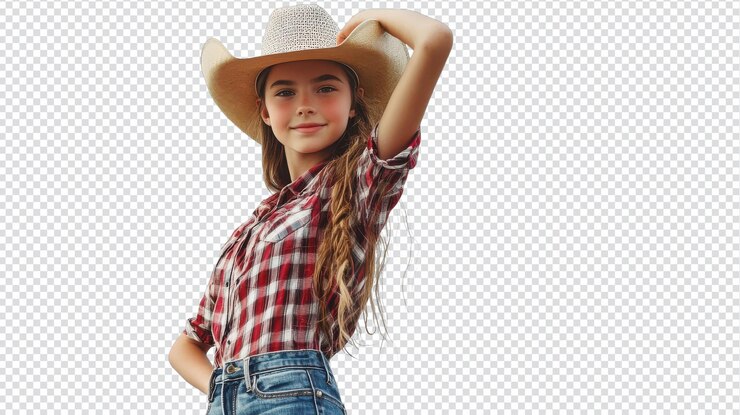 PSD una chica elegante con un sombrero de vaquero camisa a cuadros y vaqueros perfectos para mostrar un ambiente casual al aire libre adecuado para eventos de temática occidental e inspiración de moda