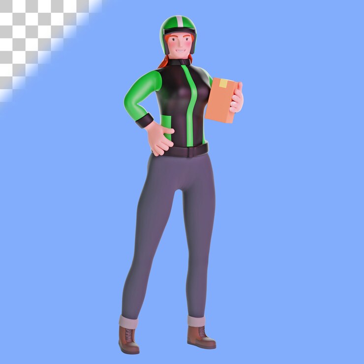 PSD chica de entrega 3d de pie con paquete