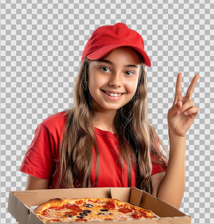 PSD una chica de entrega con una caja de pizza aislada en un fondo transparente