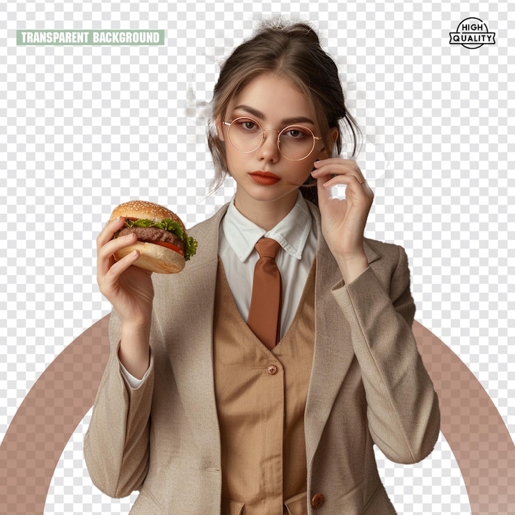 PSD una chica está comiendo una gran hamburguesa con una hamburguesa en el fondo png