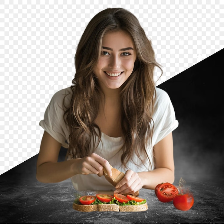 PSD una chica está cortando un sándwich con tomates y queso