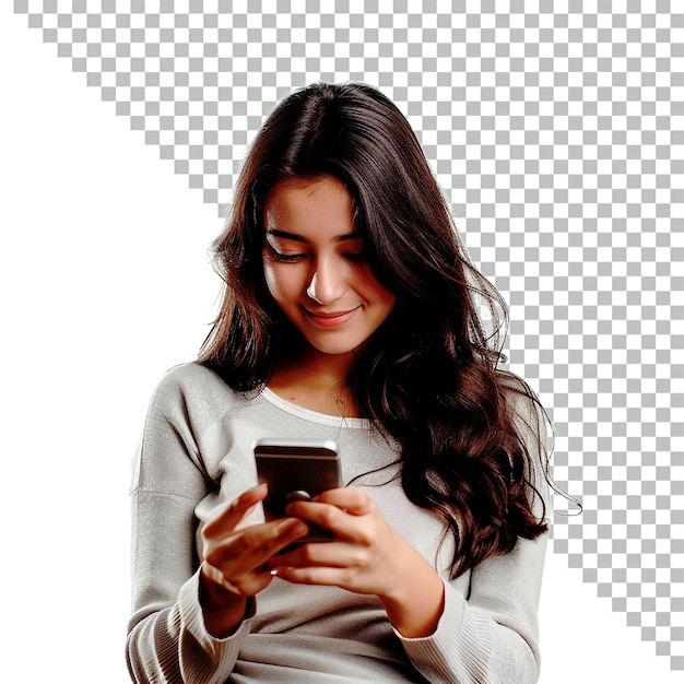 una chica está enviando mensajes de texto en su teléfono y el teléfono está en la pantalla