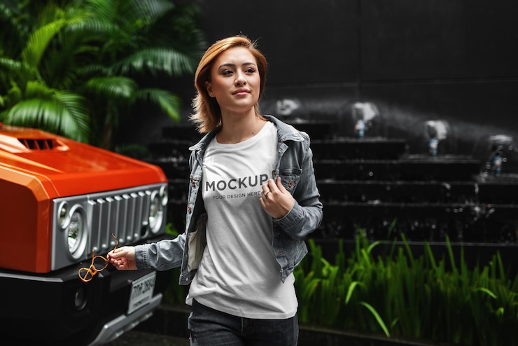 PSD chica con estilo de maqueta de camiseta caminando en la calle