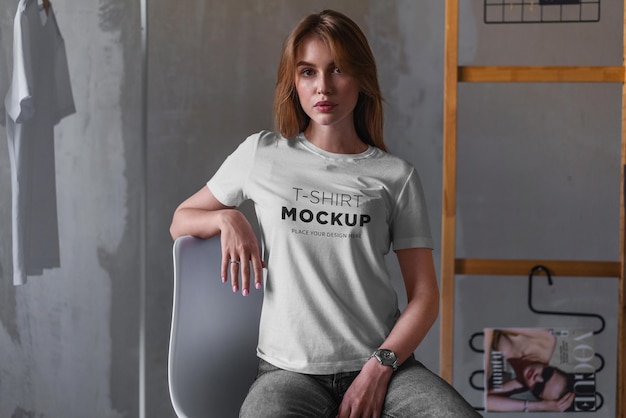 Chica con estilo de maqueta de camiseta en estudio loft