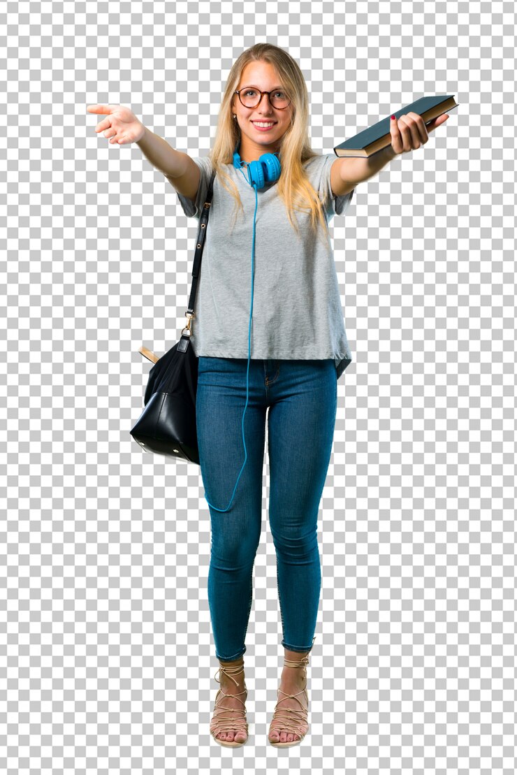 PSD chica estudiante con gafas presentando e invitando a venir con la mano. feliz de que hayas venido