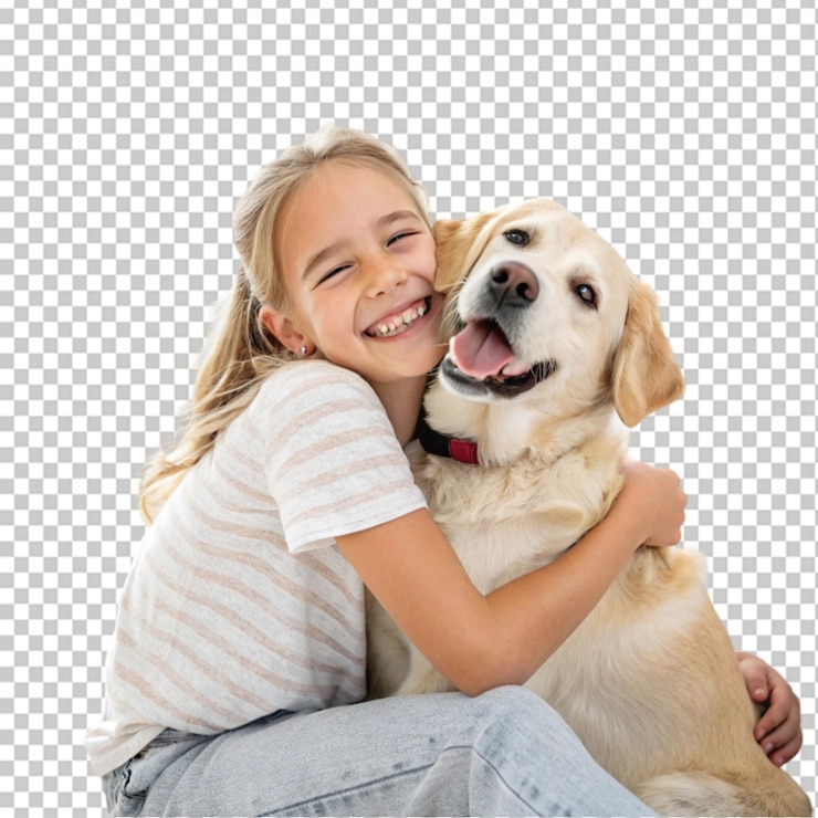 PSD una chica feliz abrazando a un perro sobre un fondo transparente