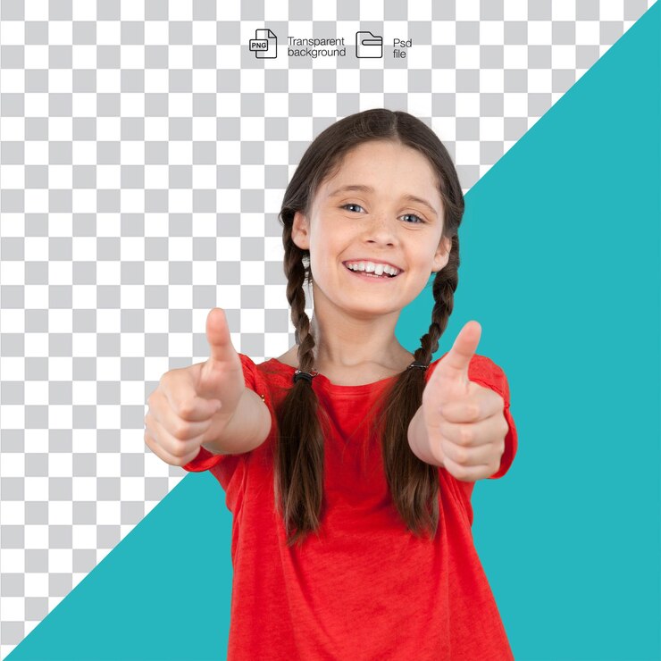 PSD chica feliz levantando el pulgar en el fondo transparente