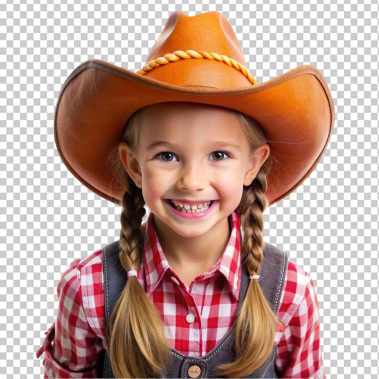 PSD chica feliz riendo vestida como una vaquera para halloween en un fondo transparente