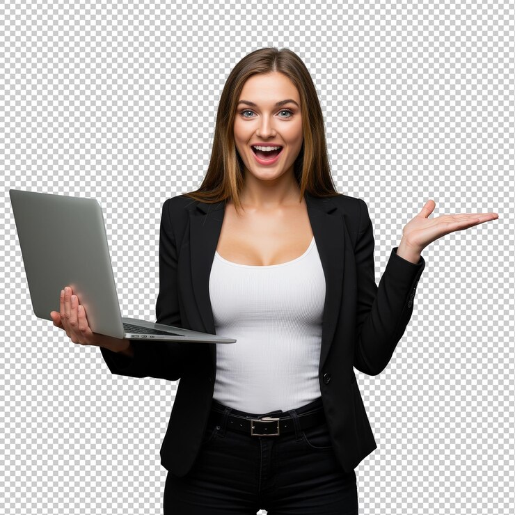 PSD chica feliz sosteniendo una computadora portátil con expresión emocionada aislado png
