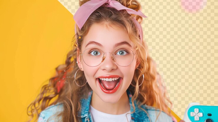 PSD una chica con gafas y un lazo rosa en el cabello
