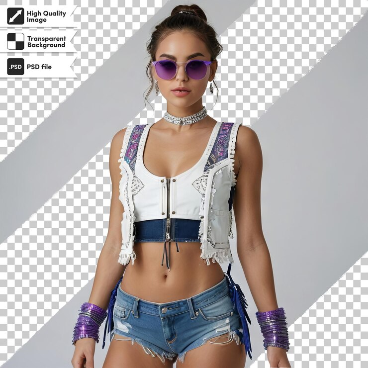 PSD una chica con gafas de sol púrpuras y una camiseta blanca con una banda púrpura alrededor de su cuello