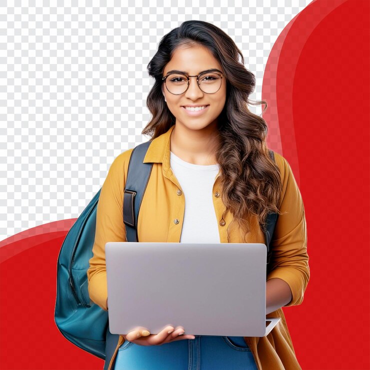 PSD una chica con gafas sosteniendo una computadora portátil y un fondo rojo