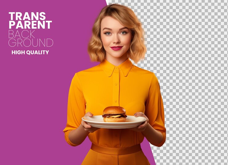 PSD chica con hamburguesa en la mano con fondo transparente png para póster de redes sociales