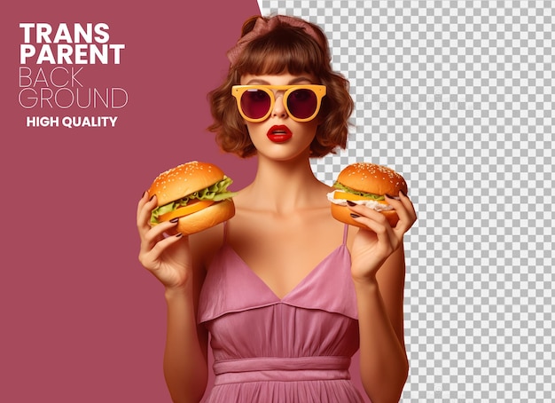 Chica con hamburguesa en la mano con fondo transparente png para póster de redes sociales